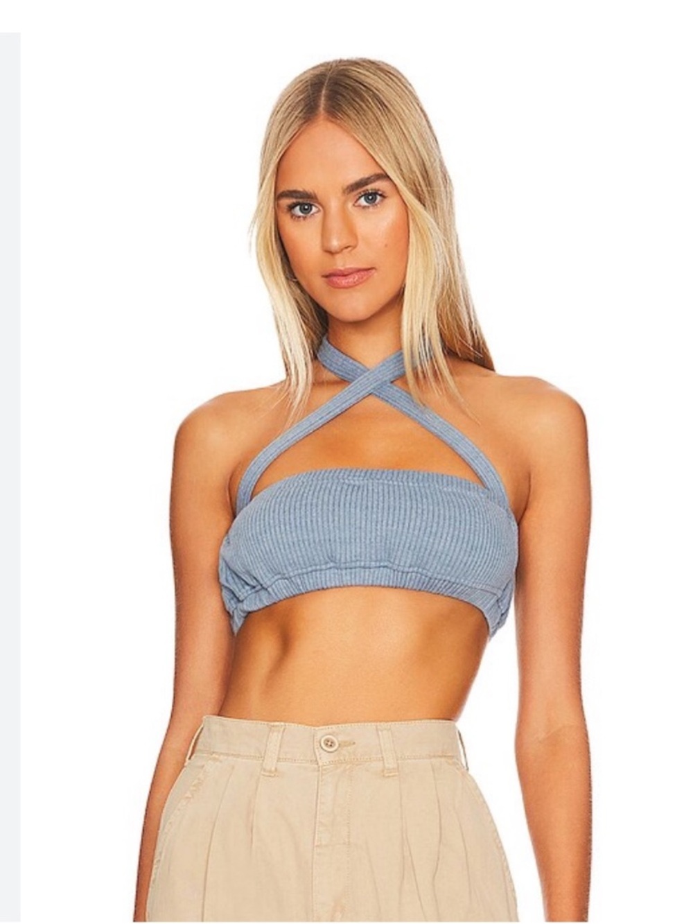 WeWoreWhat Tie Halter Bra Top Storm Blue Ribbed Crop Top Medium